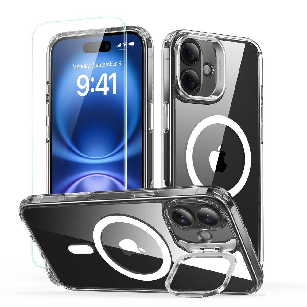 COPERTURA ESR CLASSIC HYBRID KICKSTAND HALOLOCK MAGSAFE & VETRO TEMPERATO IPHONE 16 TRASPARENTE