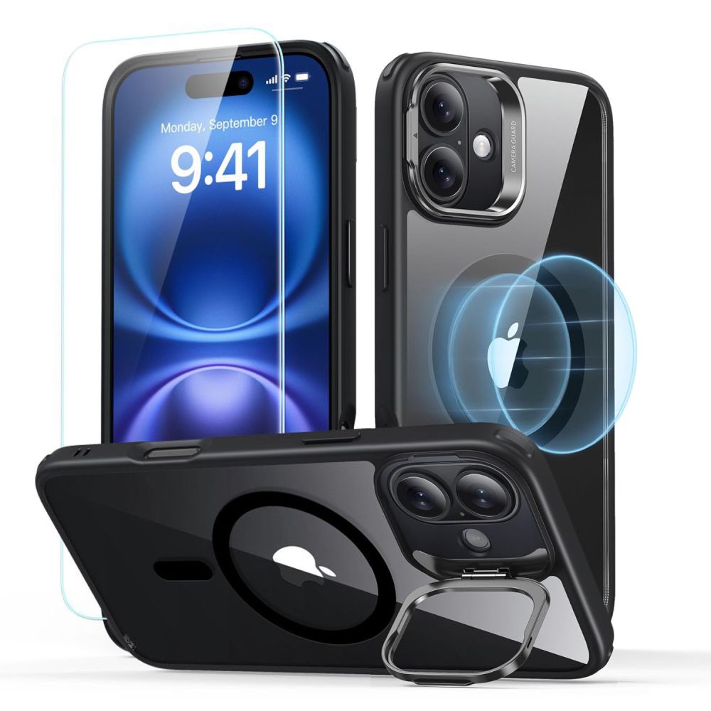 COPERTURA ESR CLASSIC HYBRID KICKSTAND HALOLOCK MAGSAFE & VETRO TEMPERATO IPHONE 16 PLUS TRASPARENTE/NERA