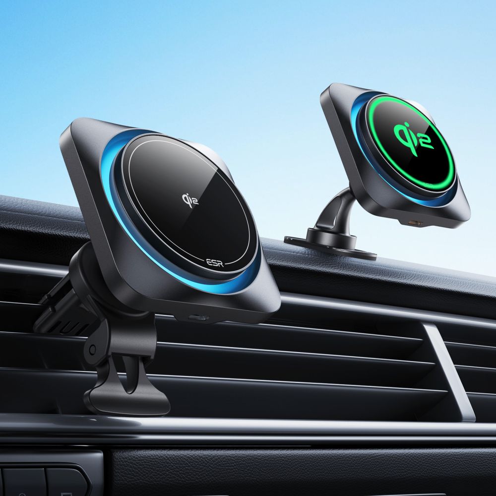 Supporto per telefono da auto con ricarica wireless ESR HALOLOCK CRYOBOOST MAGNETIC MAGSAFE MONTAGGIO PER CRUSCOTTO E VENTILAZIONE CARICATORE WIRELESS QI2 15W ONICE FROSTED