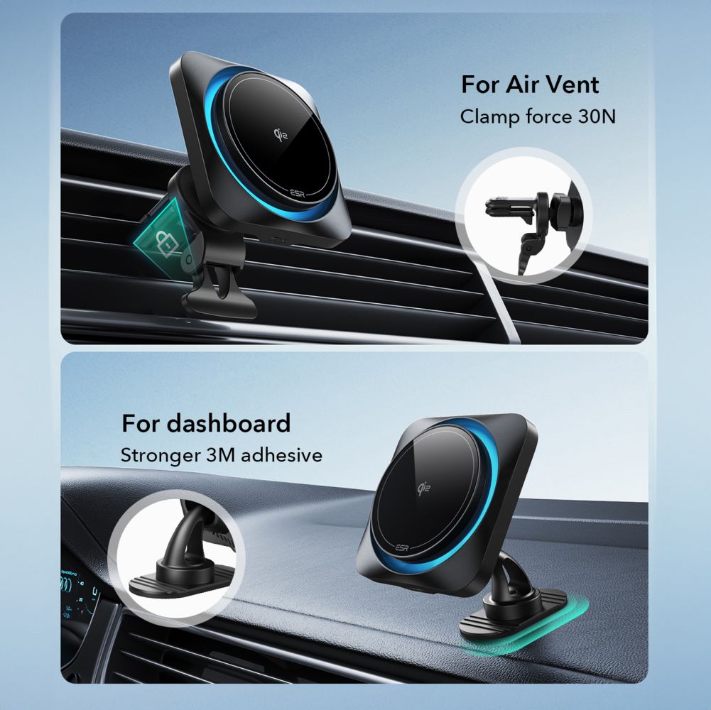 Supporto per telefono da auto con ricarica wireless ESR HALOLOCK CRYOBOOST MAGNETIC MAGSAFE MONTAGGIO PER CRUSCOTTO E VENTILAZIONE CARICATORE WIRELESS QI2 15W ONICE FROSTED