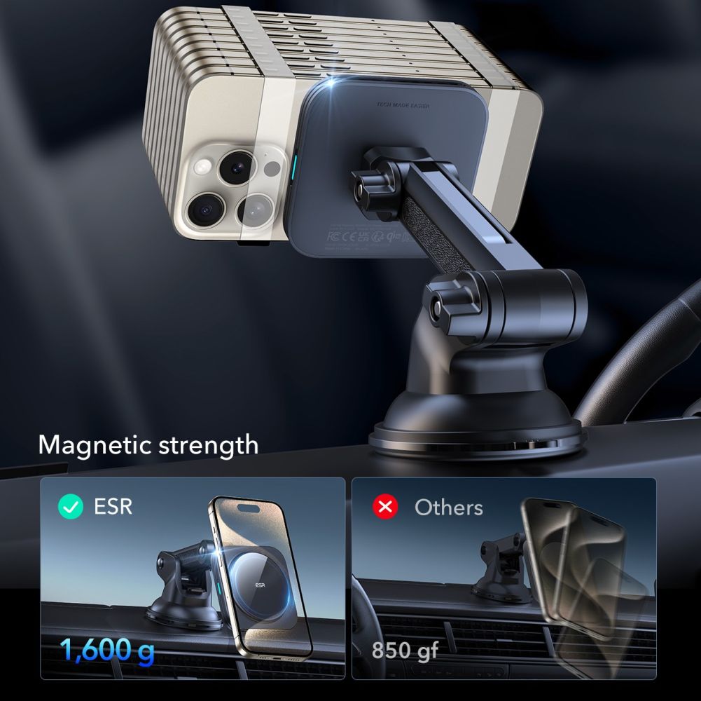 Supporto per telefono da auto con ricarica wireless ESR HaloLock Magnetic MagSafe per cruscotto, caricatore wireless QI2 15W nero.