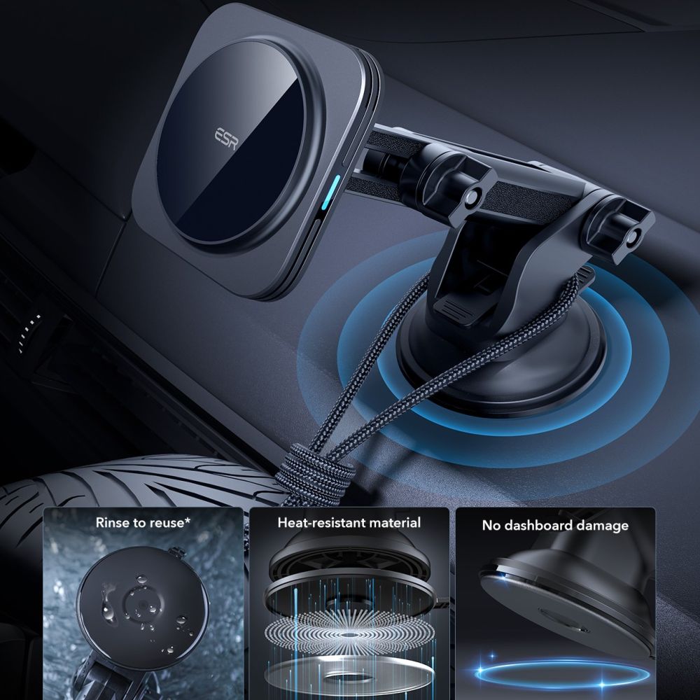 Supporto per telefono da auto con ricarica wireless ESR HaloLock Magnetic MagSafe per cruscotto, caricatore wireless QI2 15W nero.