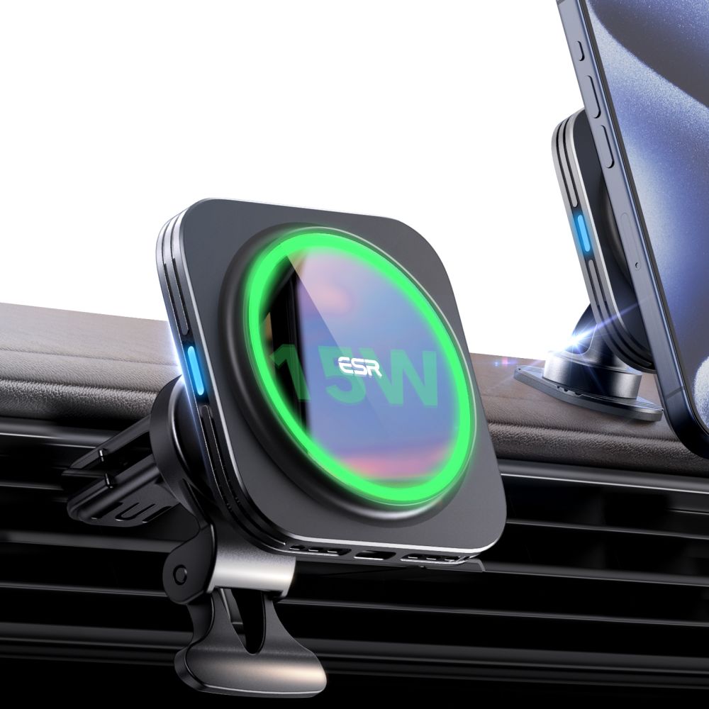 Supporto per telefono da auto con ricarica wireless ESR HaloLock Magnetic MagSafe Vent Car Mount Wireless Charger QI2 15W Nero