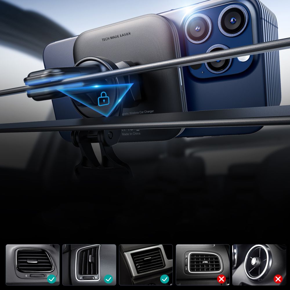 Supporto per telefono da auto con ricarica wireless ESR HaloLock Magnetic MagSafe Vent Car Mount Wireless Charger QI2 15W Nero