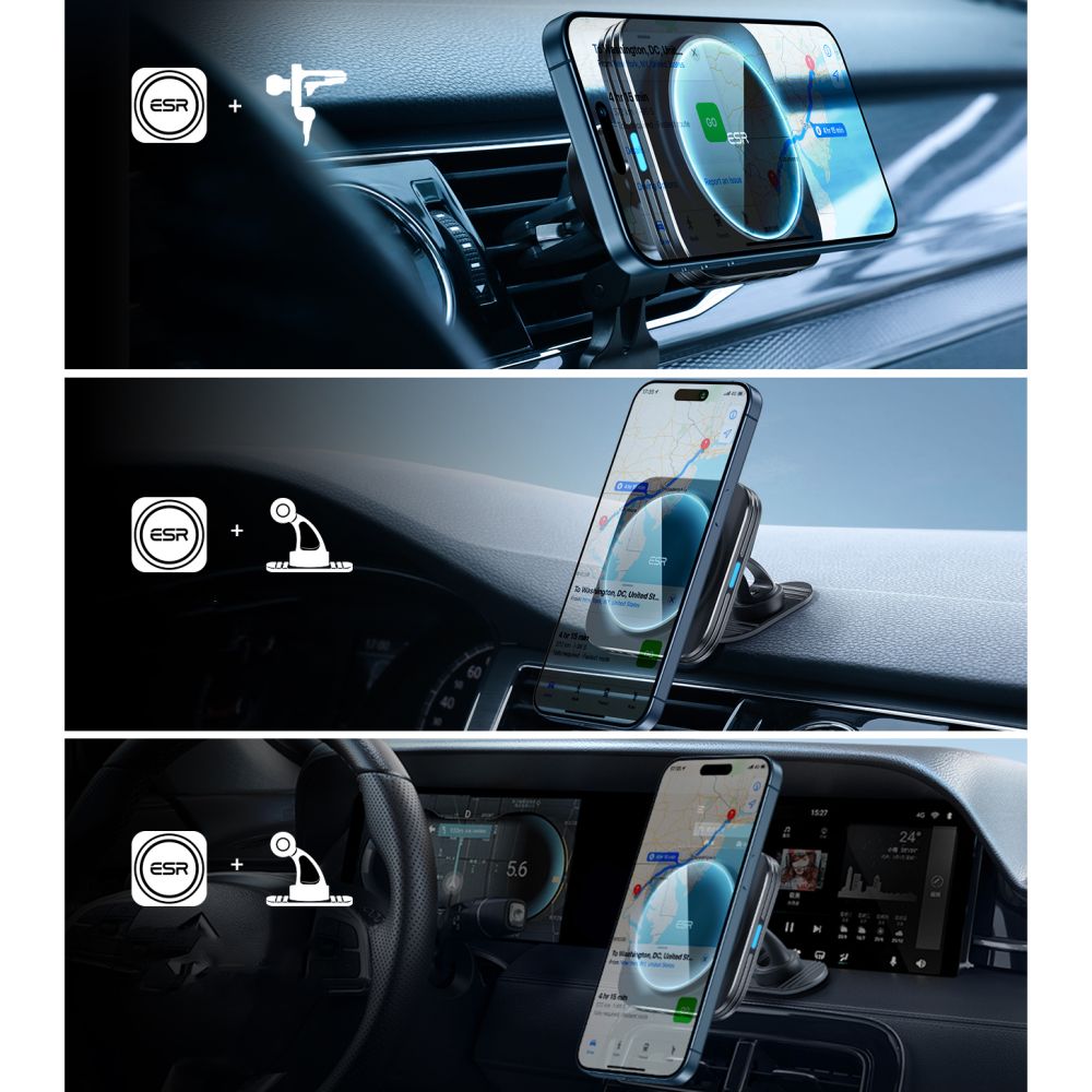 Supporto per telefono da auto con ricarica wireless ESR HaloLock Magnetic MagSafe Vent Car Mount Wireless Charger QI2 15W Nero