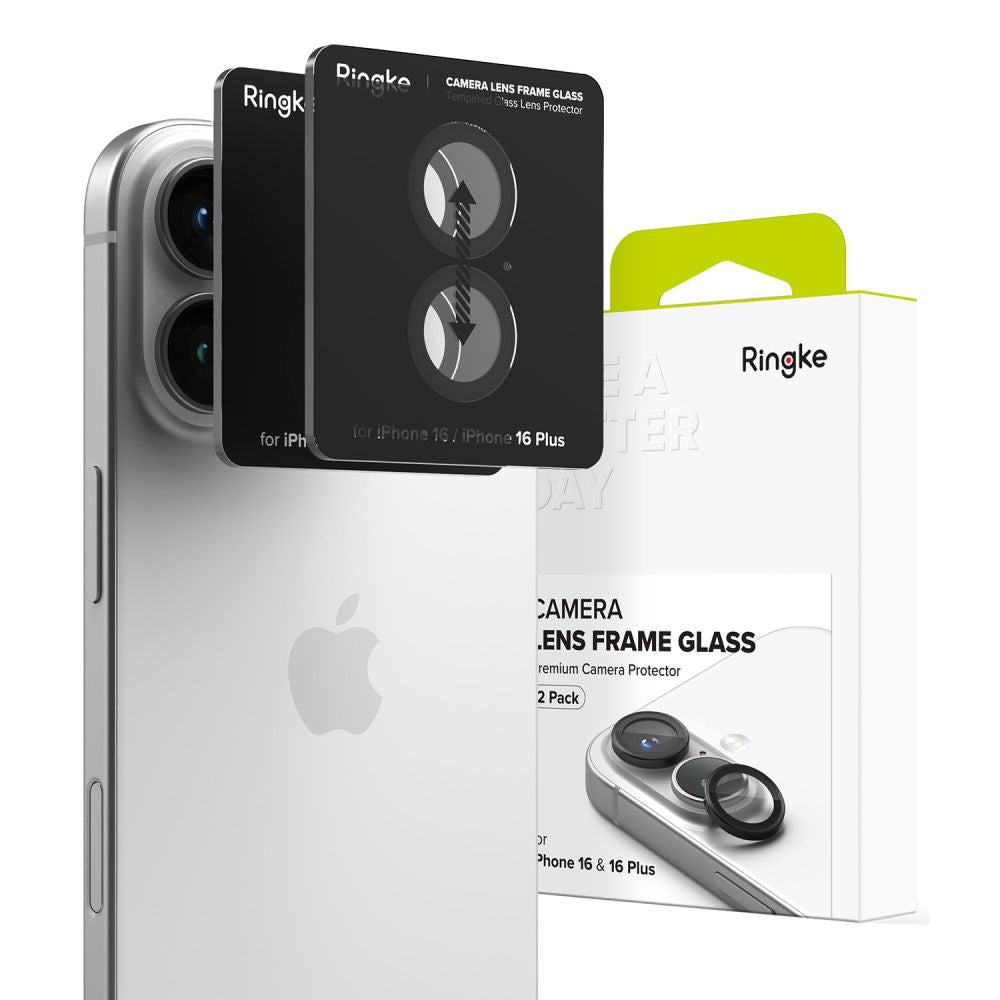 VETRO PROTETTIVO IN VETRO TEMPERATO PER L'OBIETTIVO DELLA FOTOCAMERA SU IPHONE 16 / 16 PLUS RINGKE CAMERA FRAME PROTECTOR 2-PACK NERO