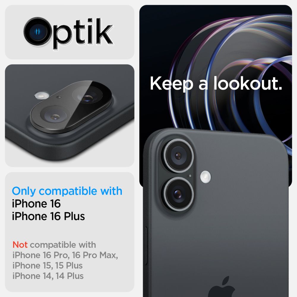 VETRO PROTETTIVO IN VETRO TEMPERATO PER LENTE DELLA FOTOCAMERA SPIGEN OPTIK GLAS.TR CAMERA PROTECTOR 2-PACK IPHONE 16 / 16 PLUS NERO