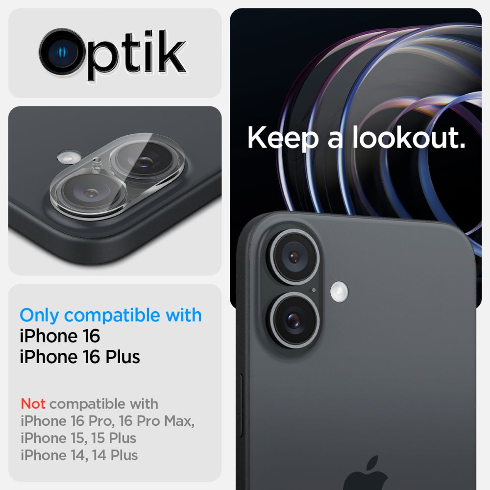 VETRO PROTETTIVO RIGIDO PER LENTE DELLA FOTOCAMERA SPIGEN OPTIK GLAS.TR CAMERA PROTECTOR 2-PACK IPHONE 16 / 16 PLUS CRYSTAL CLEAR