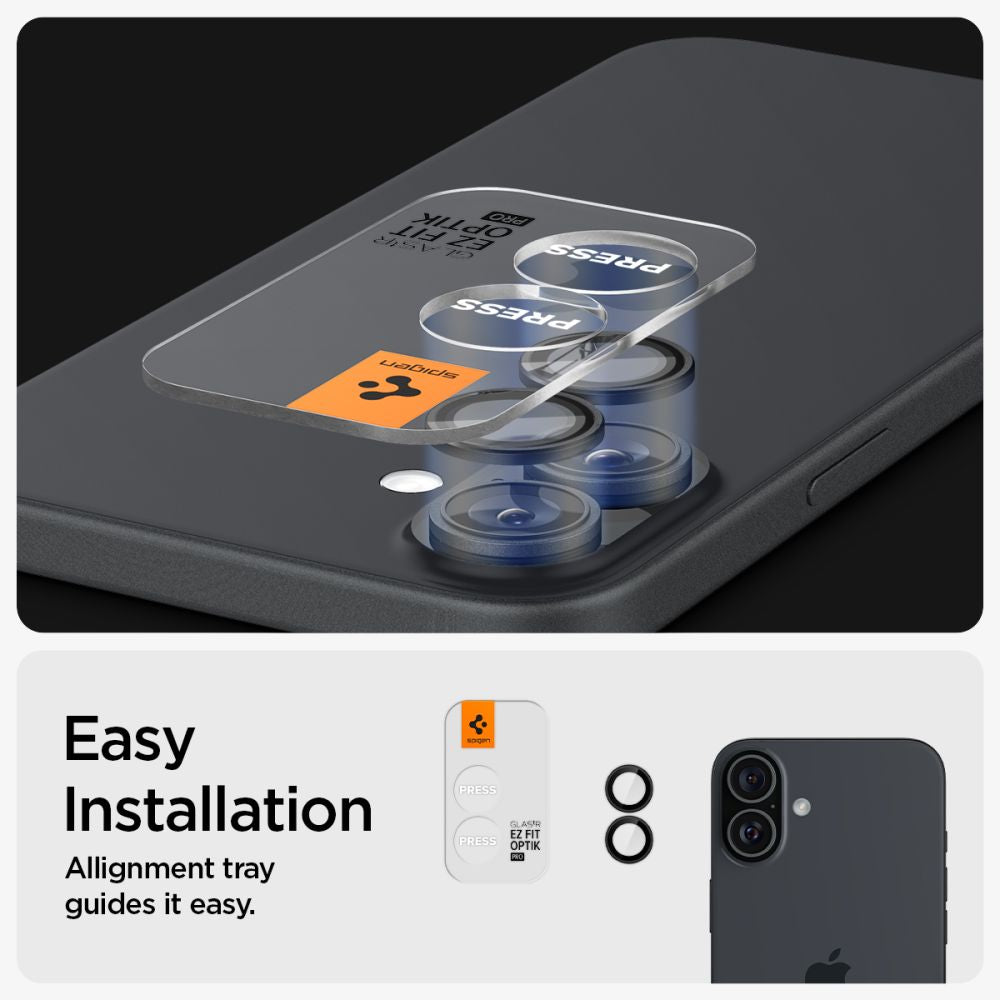 VETRO PROTETTIVO RIGIDO PER LENTE DELLA FOTOCAMERA SPIGEN OPTIK PRO GLAS.TR "EZ FIT" PROTETTORE PER FOTOCAMERA 2-PACK IPHONE 16 / 16 PLUS NERO