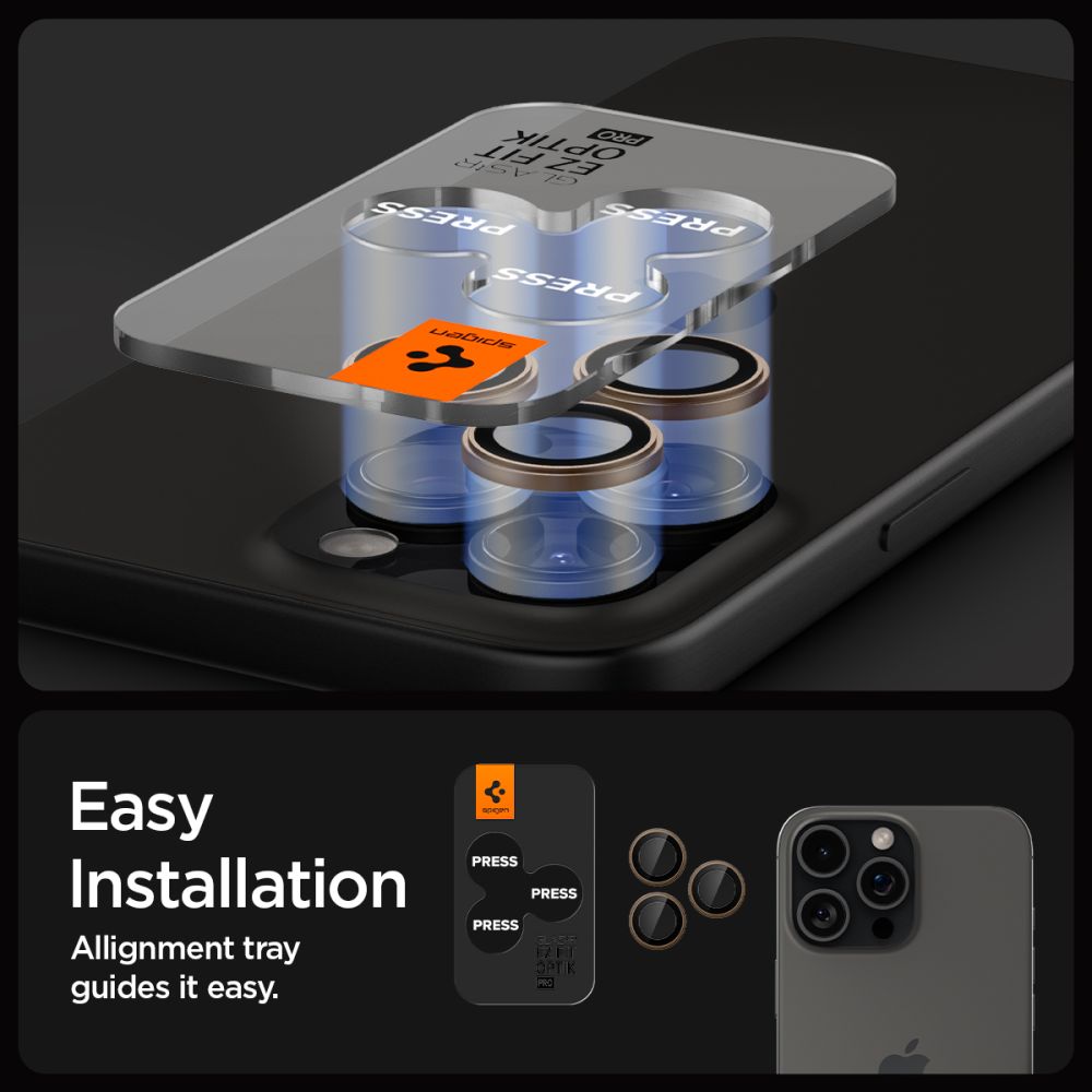 VETRO PROTETTIVO RIGIDO PER LENTE DELLA FOTOCAMERA SPIGEN OPTIK PRO GLAS.TR "EZ FIT" PROTETTORE PER FOTOCAMERA 2-PACK IPHONE 16 PRO / PRO MAX DESERT TITANIUM