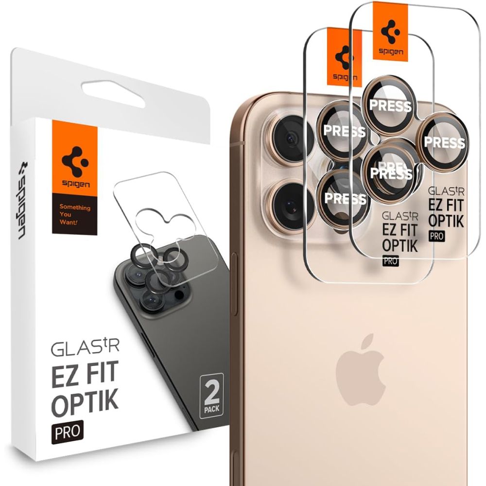 VETRO PROTETTIVO RIGIDO PER LENTE DELLA FOTOCAMERA SPIGEN OPTIK PRO GLAS.TR "EZ FIT" PROTETTORE PER FOTOCAMERA 2-PACK IPHONE 16 PRO / PRO MAX DESERT TITANIUM