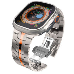 CINTURINO DOOP LINEA INOSSIDABILE APPLE WATCH 6 / 7 / 8 / 9 / 10 / SE / ULTRA 1 / 2 (44 / 45 / 46 / 49 MM) TITANIO/ARANCIONE