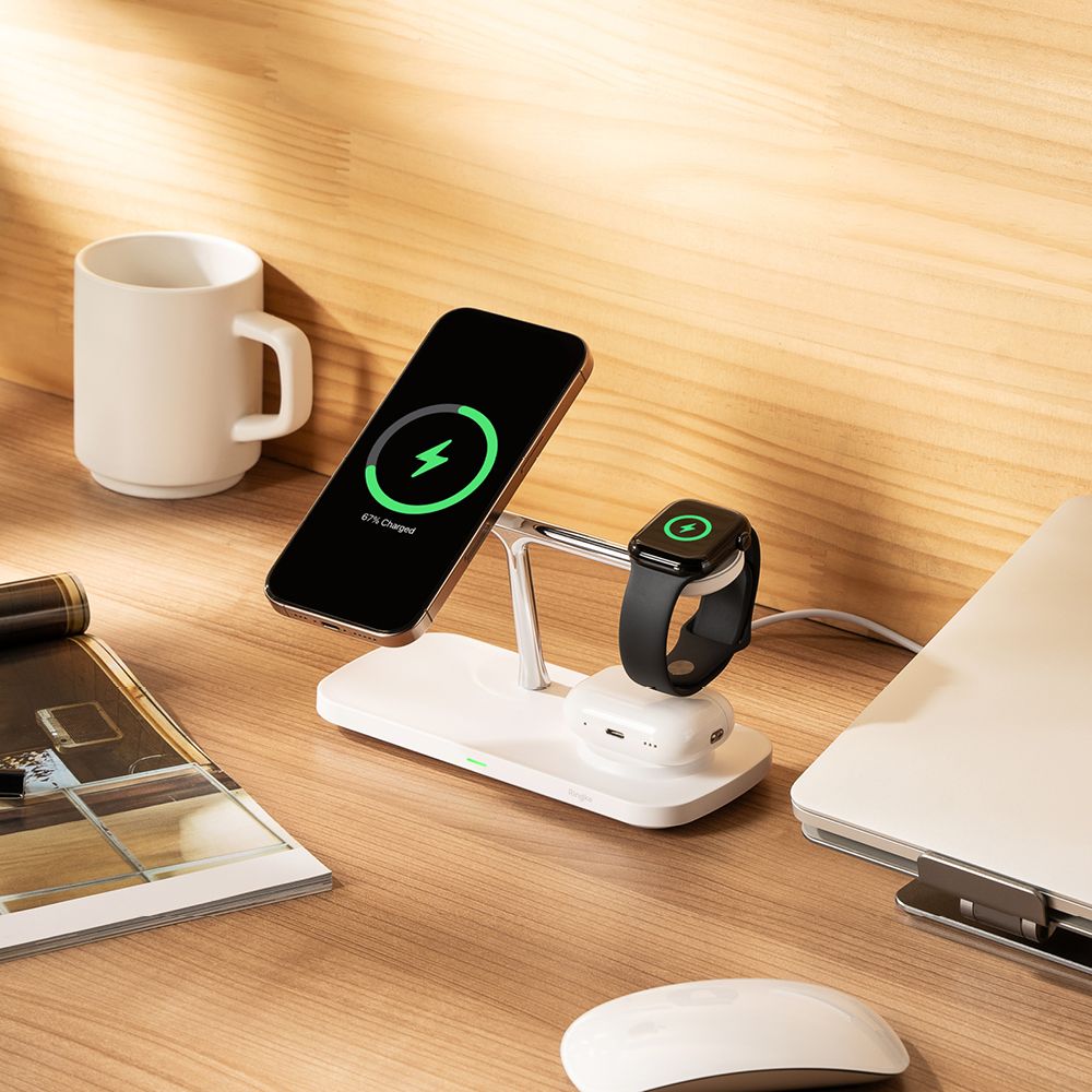 STAZIONE DI RICARICA RINGKE 3IN1 QI2 MAGNETICA MAGSAFE CARICATORE WIRELESS BIANCO
