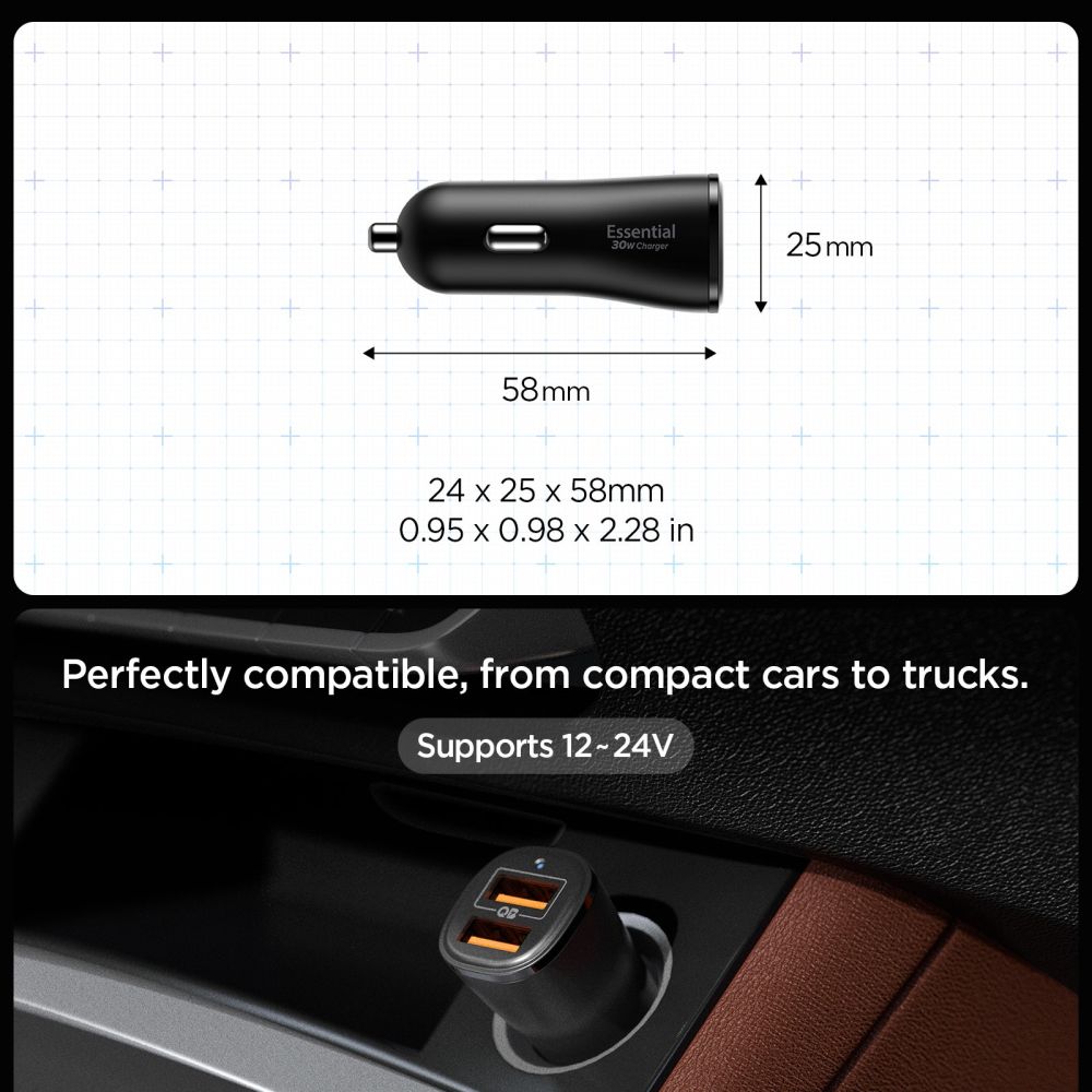 SPIGEN ESSENTIAL EV302 CARICATORE DA AUTO A 2 PORTE 30W NERO