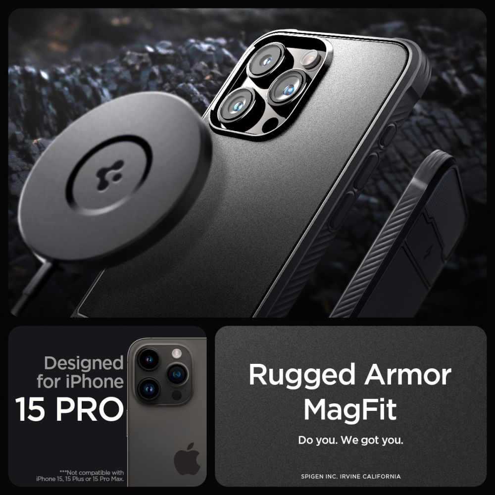 COPERTURA SPIGEN RUGGED ARMOR MAG MAGSAFE IPHONE 15 PRO NERO OPACO