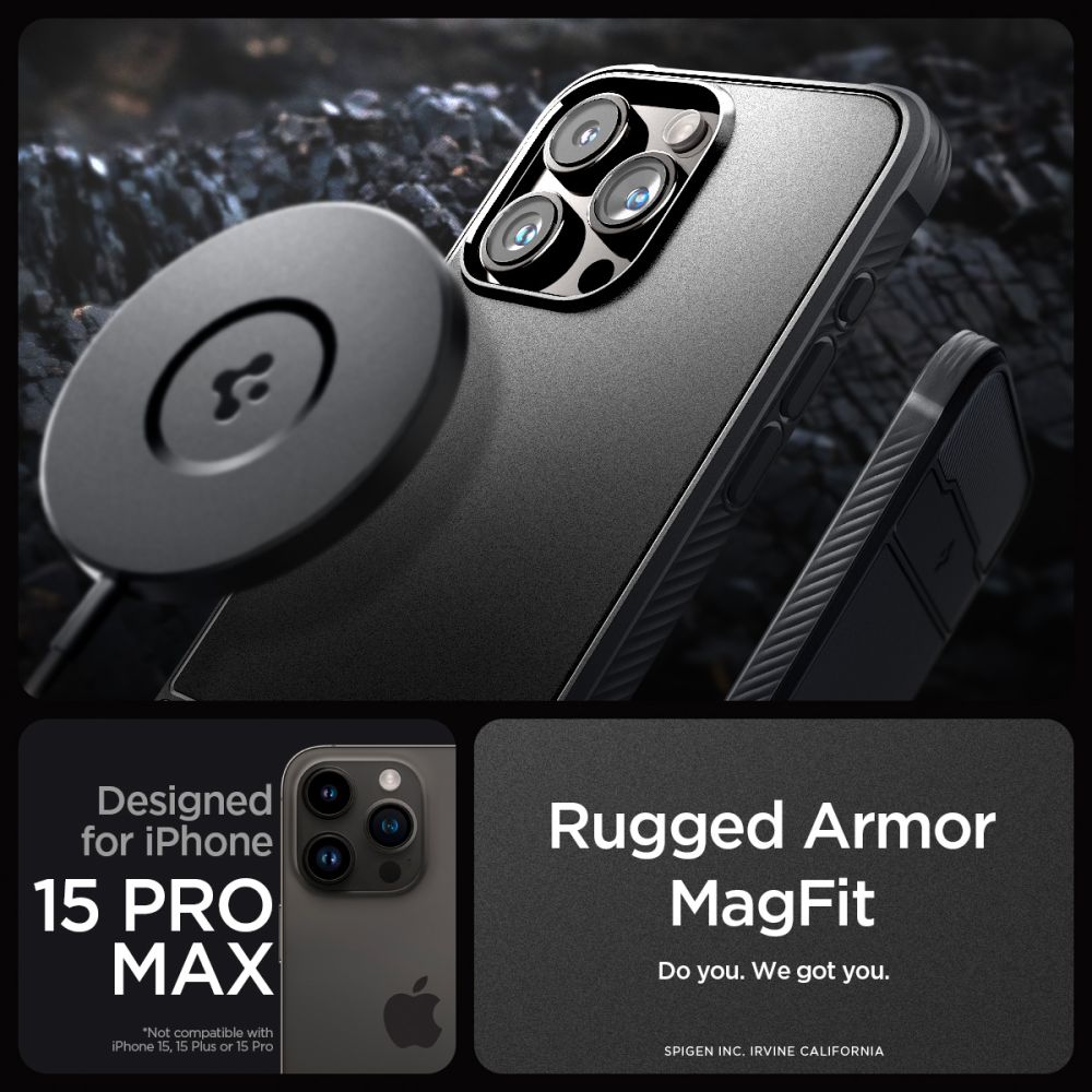 COPERTURA SPIGEN RUGGED ARMOR MAG MAGSAFE IPHONE 15 PRO MAX NERO OPACO