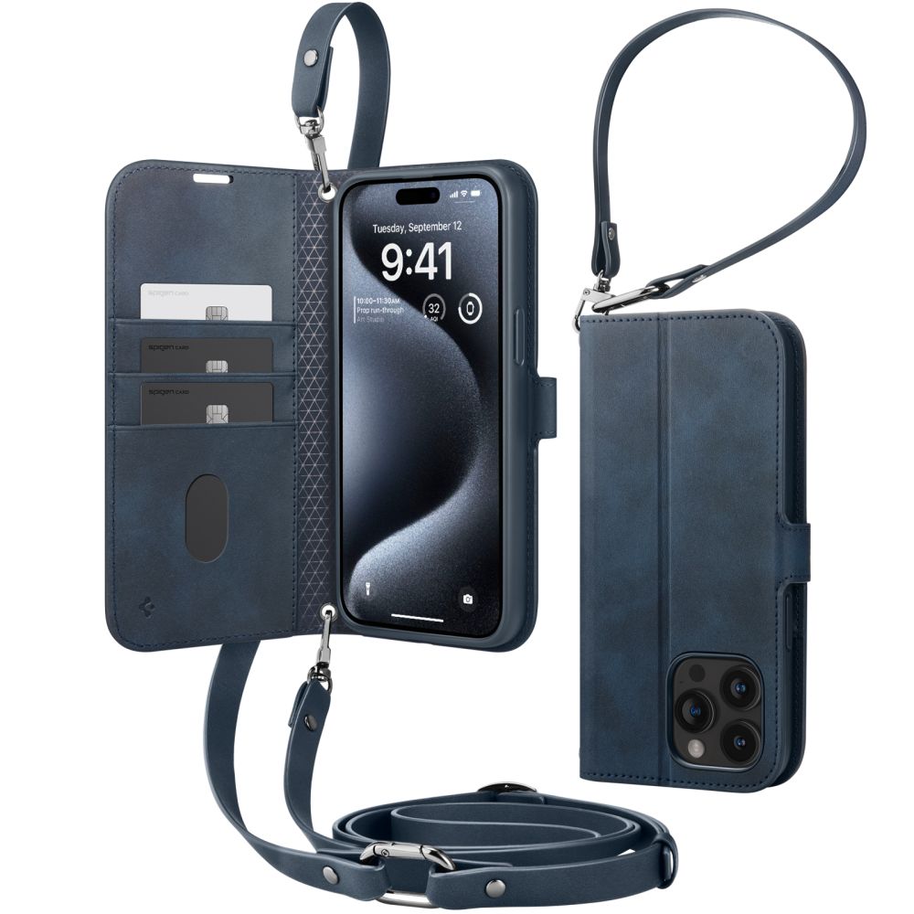 COPERTURA LIBRO SPIGEN WALLET "S" PER IPHONE 15 PRO NAVY