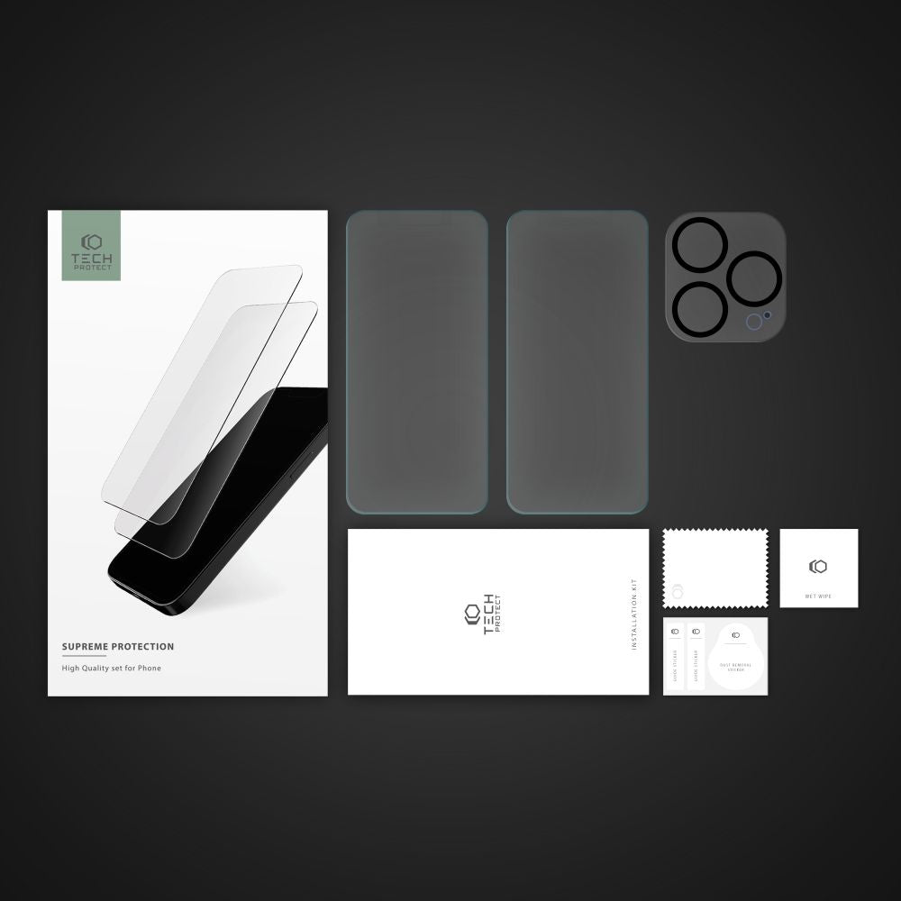 VETRO TEMPERATO TECH-PROTECT SUPREME SET IPHONE 15 PRO MAX TRASPARENTE