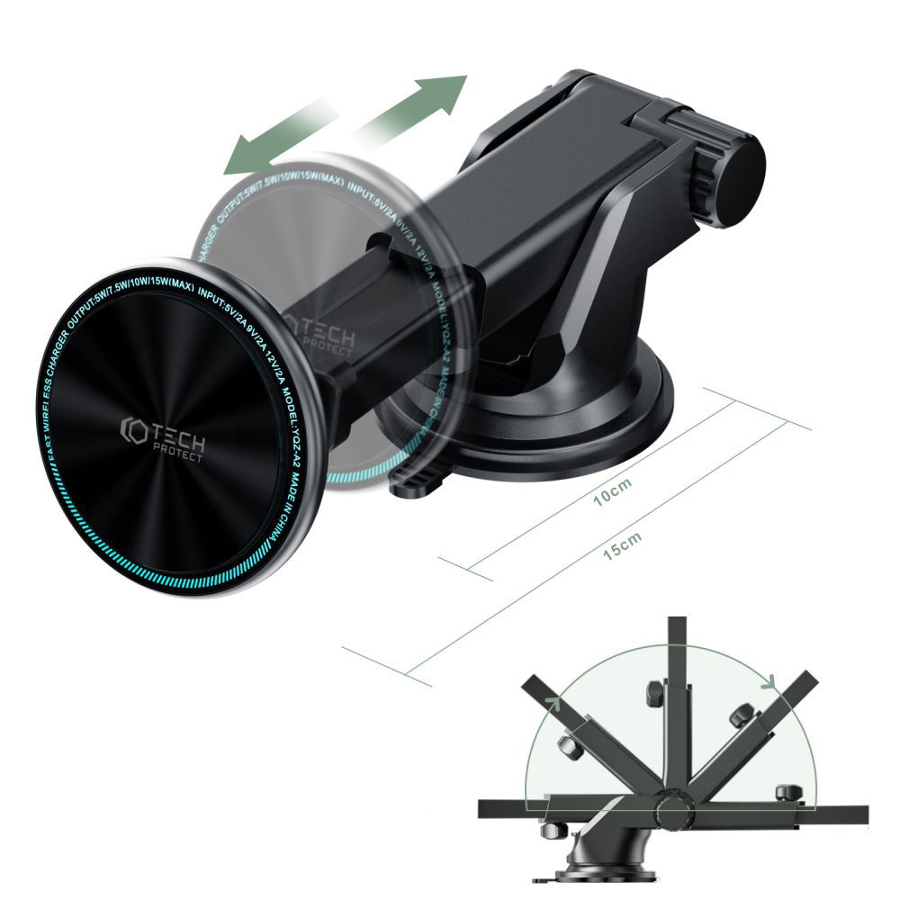 Supporto per telefono da auto con ricarica wireless TECH-PROTECT A2 MAGNETIC MAGSAFE DASH CAR MOUNT WIRELESS CHARGER 15W NERO