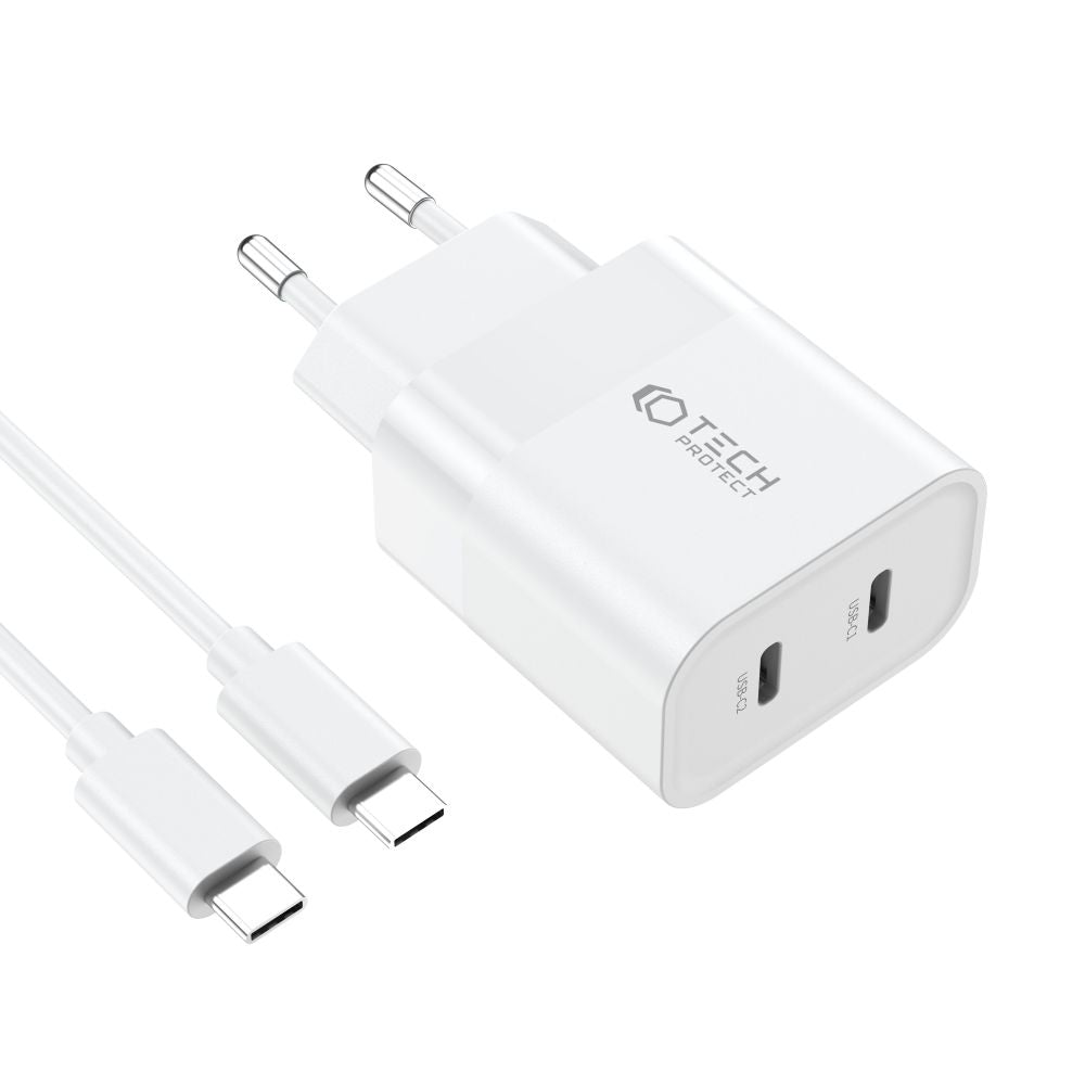 CARICATORE DI RETE PER CELLULARE E TABLET TECH-PROTECT C20W CARICATORE DI RETE A 2 PORTE PD20W + CAVO TYPE-C BIANCO