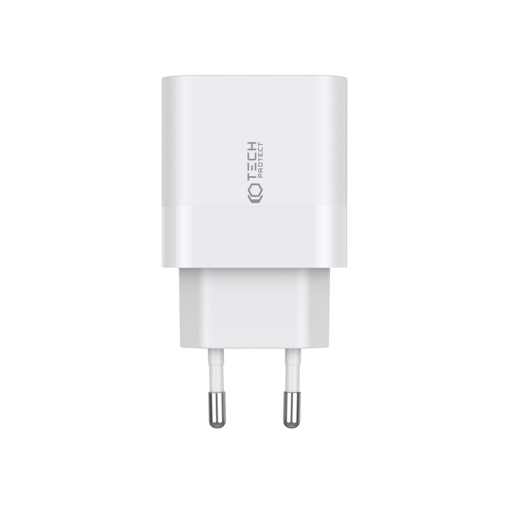 CARICATORE DI RETE PER CELLULARE E TABLET TECH-PROTECT C20W CARICATORE DI RETE A 2 PORTE PD20W + CAVO TYPE-C BIANCO