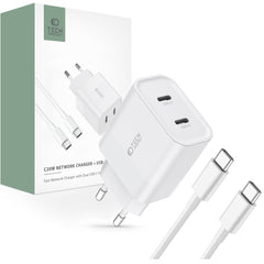 CARICATORE DI RETE PER CELLULARE E TABLET TECH-PROTECT C20W CARICATORE DI RETE A 2 PORTE PD20W + CAVO TYPE-C BIANCO
