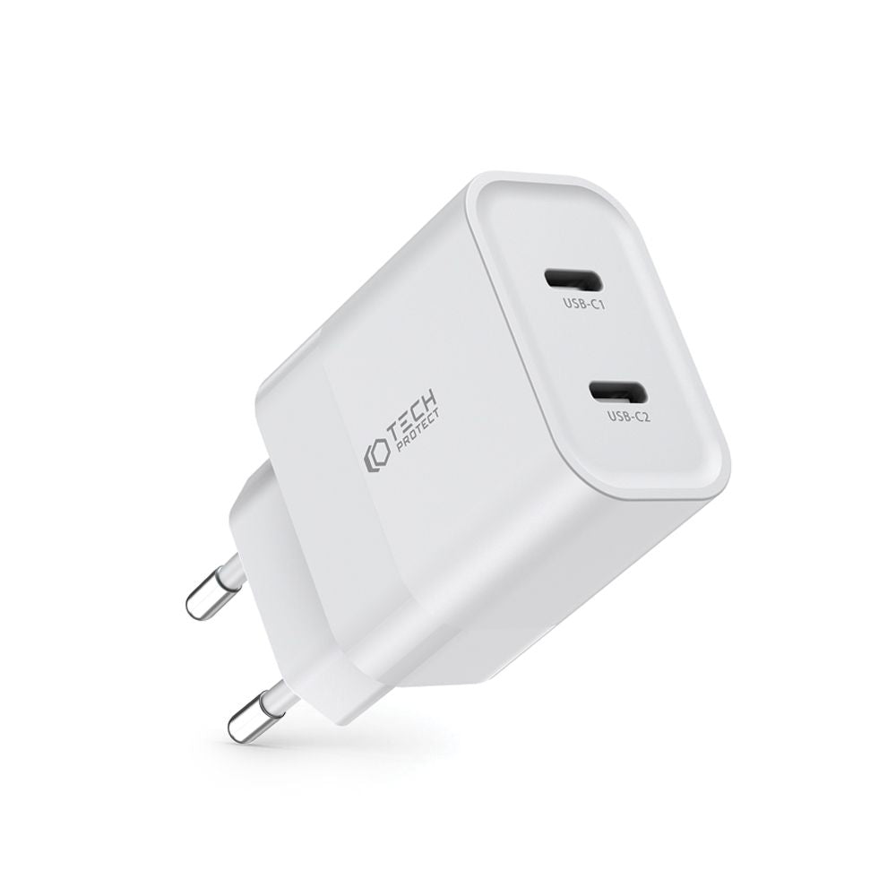 CARICATORE DI RETE PER CELLULARE E TABLET TECH-PROTECT C20W CARICATORE DI RETE A 2 PORTE PD20W BIANCO