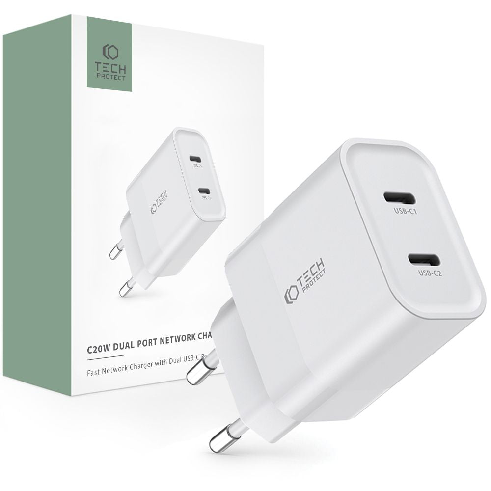 CARICATORE DI RETE PER CELLULARE E TABLET TECH-PROTECT C20W CARICATORE DI RETE A 2 PORTE PD20W BIANCO