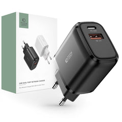 CARICATORE DI RETE PER CELLULARE E TABLET TECH-PROTECT C20W CARICATORE DI RETE A 2 PORTE PD20W/QC3.0 NERO