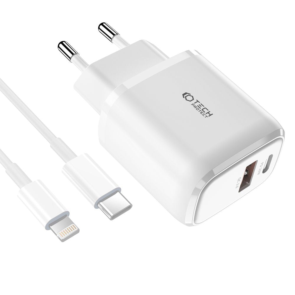 CARICATORE DI RETE PER CELLULARE E TABLET TECH-PROTECT C20W CARICATORE DI RETE A 2 PORTE PD20W/QC3.0 + CAVO LIGHTNING BIANCO