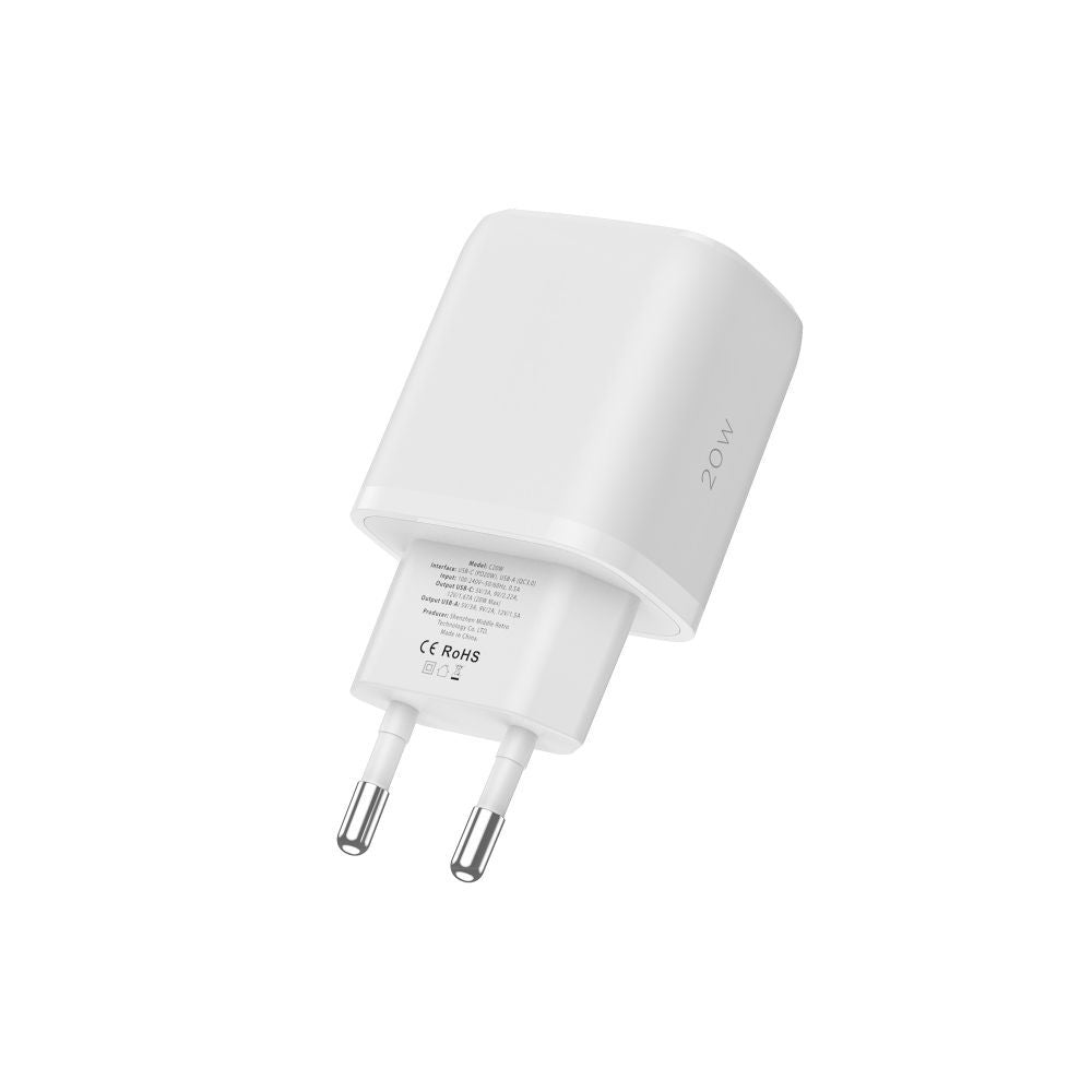 CARICATORE DI RETE PER CELLULARE E TABLET TECH-PROTECT C20W CARICATORE DI RETE A 2 PORTE PD20W/QC3.0 + CAVO LIGHTNING BIANCO