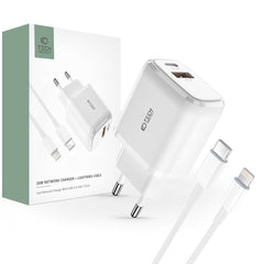 CARICATORE DI RETE PER CELLULARE E TABLET TECH-PROTECT C20W CARICATORE DI RETE A 2 PORTE PD20W/QC3.0 + CAVO LIGHTNING BIANCO