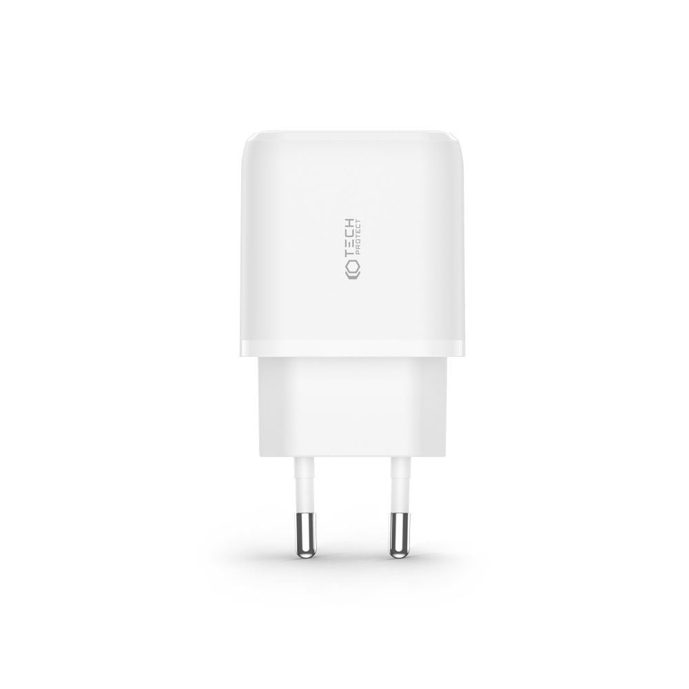 CARICATORE DI RETE PER CELLULARE E TABLET TECH-PROTECT C20W CARICATORE DI RETE A 2 PORTE PD20W/QC3.0 + CAVO TYPE-C BIANCO