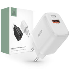 CARICATORE DI RETE PER CELLULARE E TABLET TECH-PROTECT C20W CARICATORE DI RETE A 2 PORTE PD20W/QC3.0 BIANCO