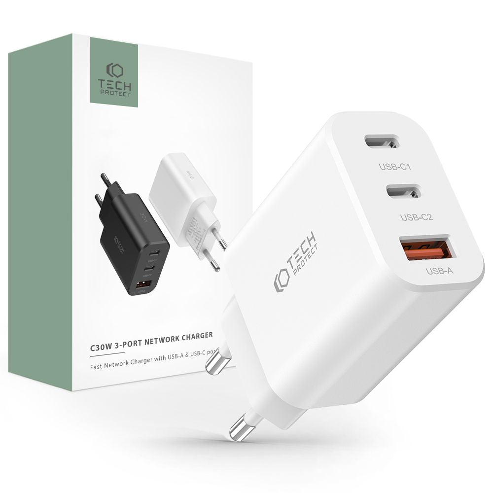 CARICATORE DI RETE PER CELLULARE E TABLET TECH-PROTECT C30W CARICATORE DI RETE A 3 PORTE PD30W/QC3.0 BIANCO