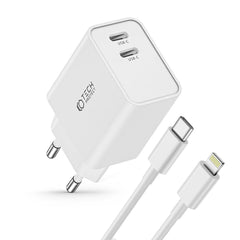 CARICATORE DI RETE PER CELLULARE E TABLET TECH-PROTECT C35W CARICATORE DI RETE A 2 PORTE PD35W + CAVO LIGHTNING BIANCO