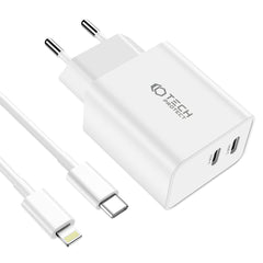 CARICATORE DI RETE PER CELLULARE E TABLET TECH-PROTECT C35W CARICATORE DI RETE A 2 PORTE PD35W + CAVO LIGHTNING BIANCO