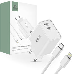 CARICATORE DI RETE PER CELLULARE E TABLET TECH-PROTECT C35W CARICATORE DI RETE A 2 PORTE PD35W + CAVO LIGHTNING BIANCO