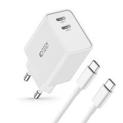 CARICATORE DI RETE PER CELLULARE E TABLET TECH-PROTECT C35W CARICATORE DI RETE A 2 PORTE PD35W + CAVO TYPE-C BIANCO
