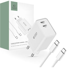 CARICATORE DI RETE PER CELLULARE E TABLET TECH-PROTECT C35W CARICATORE DI RETE A 2 PORTE PD35W + CAVO TYPE-C BIANCO