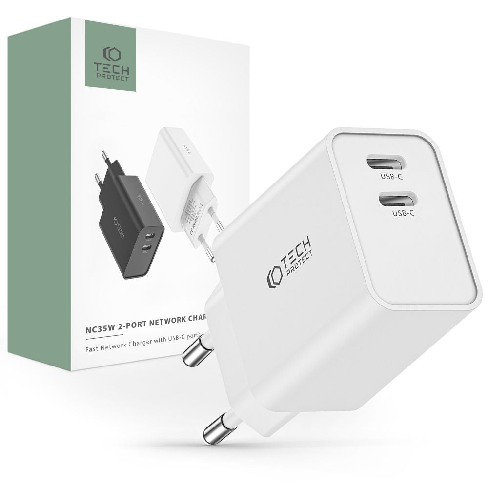 CARICATORE DI RETE PER CELLULARE E TABLET TECH-PROTECT C35W CARICATORE DI RETE A 2 PORTE PD35W BIANCO
