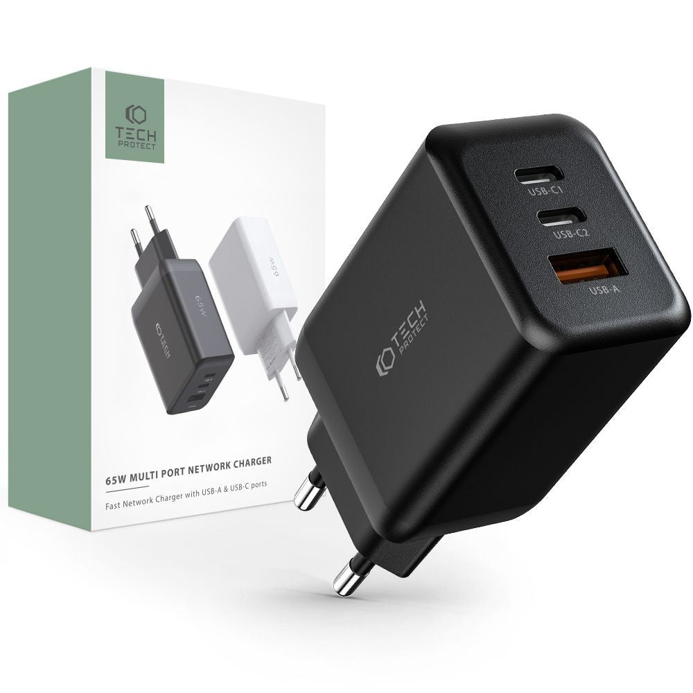 CARICATORE DI RETE PER CELLULARE E TABLET TECH-PROTECT C65W CARICATORE DI RETE A 3 PORTE PD65W/QC3.0 NERO