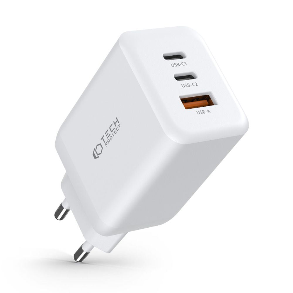CARICATORE DI RETE PER CELLULARE E TABLET TECH-PROTECT C65W CARICATORE DI RETE A 3 PORTE PD65W/QC3.0 BIANCO