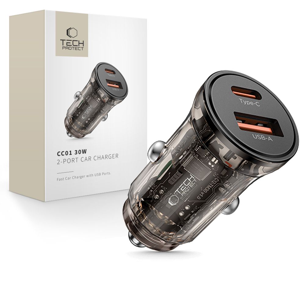TECH-PROTECT CC01 CARICATORE DA AUTO A 2 PORTE PD30W/QC3.0 NERO