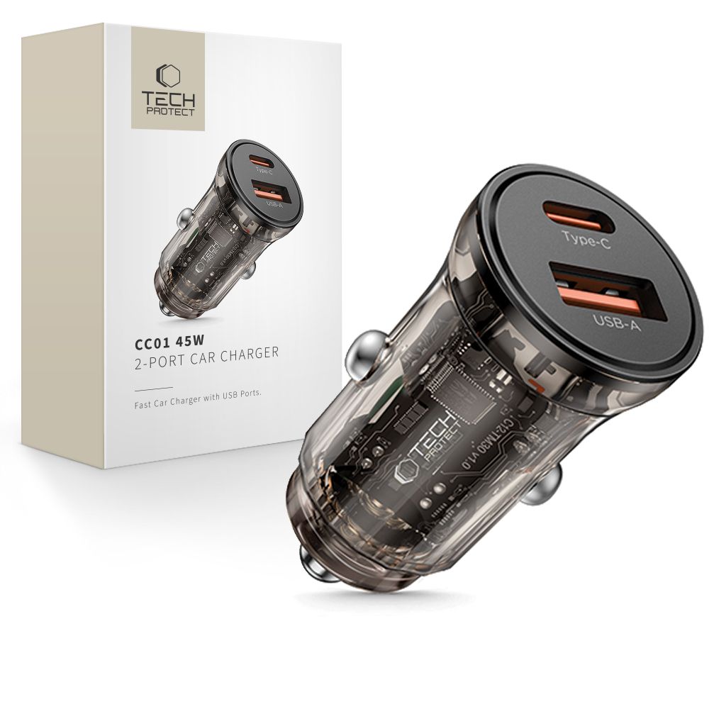 TECH-PROTECT CC01 CARICATORE DA AUTO A 2 PORTE PD45W/QC3.0 NERO