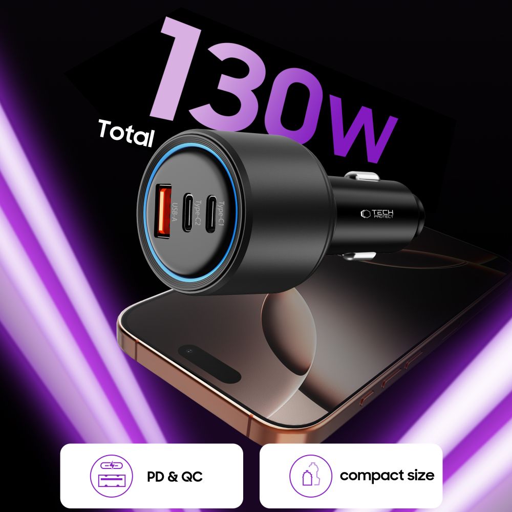 TECH-PROTECT CC04 CARICATORE DA AUTO A 3 PORTE PD130W NERO