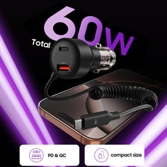 TECH-PROTECT CC05 CARICATORE DA AUTO A 2 PORTE PD60W + CAVO NERO