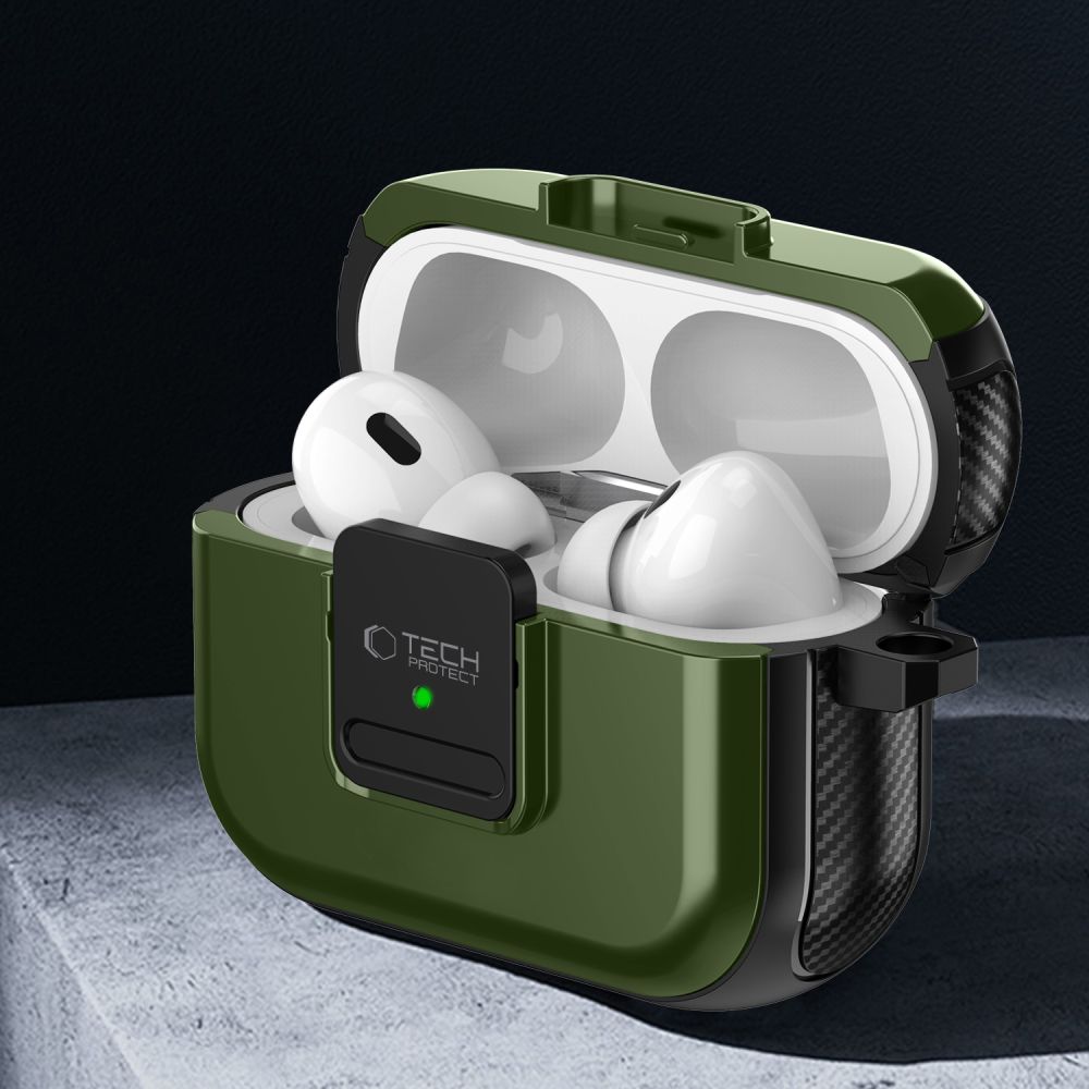 CUSTODIA TECH-PROTECT DEFENDER HOOK MAGSAFE APPLE AIRPODS PRO 1 / 2 VERDE OLIVA