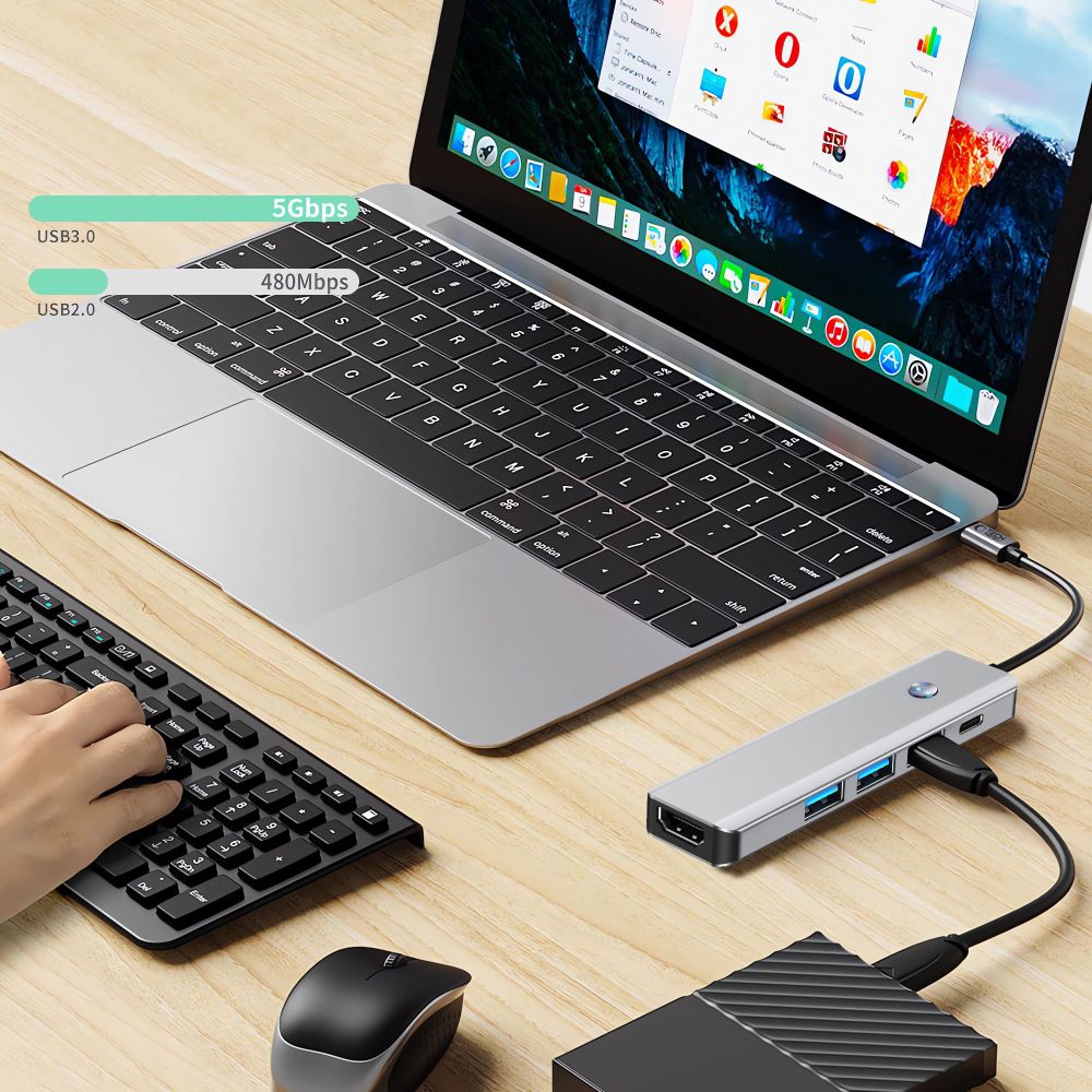 ADATTATORE HUB TECH-PROTECT HB01 5IN1 TYPE-C + USB3.0 + HDMI 4K 60HZ + PD100W GRIGIO SPAZIALE
