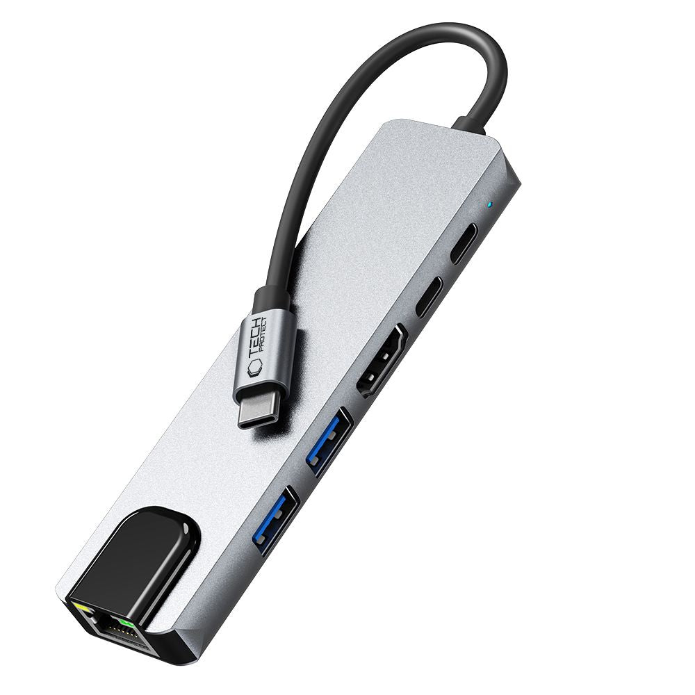 ADATTATORE HUB TECH-PROTECT HB02 6IN1 TYPE-C + USB2.0 + USB3.0 + HDMI 4K 30HZ + RJ45 + PD100W GRIGIO SPAZIALE